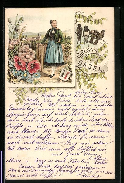 Cartoline postali: Litho Basel, Baslerin in Tracht, Mohnblu – Usato da Berlin venduto da bartko-reher