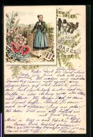 Litho Basel, Baslerin in Tracht, Mohnblu