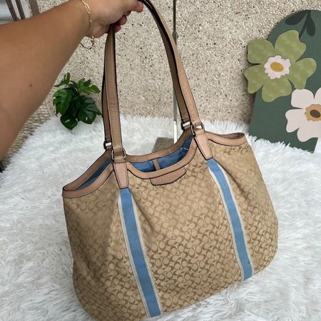 Coach Tasche Monogram Canvas Leder beige blau gemustert Brei
