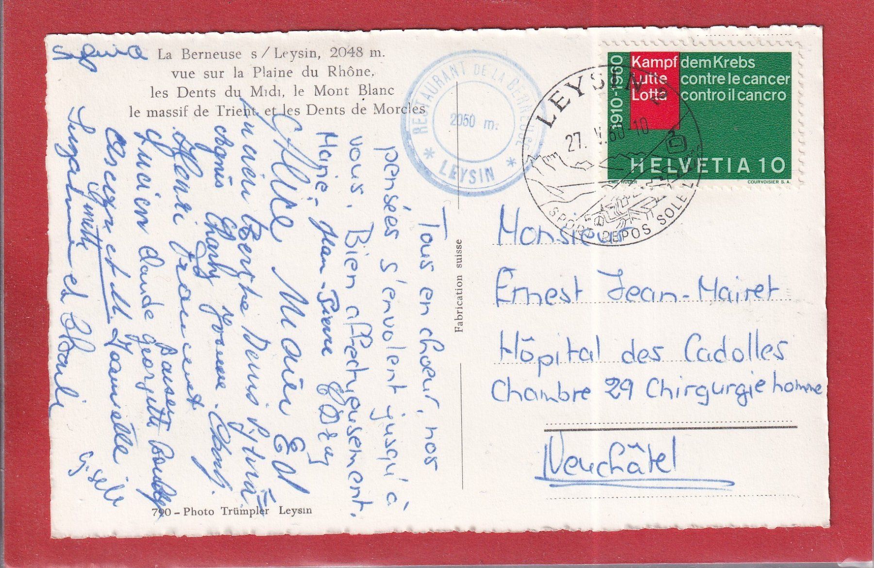 Cartoline postali: Leysin - La Berneuse - 1960 – Usato da Orvin venduto da Pyaeschli 1