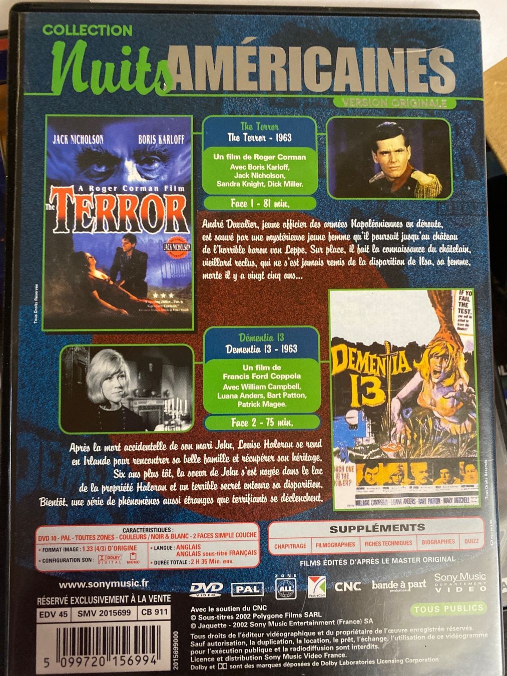 Tutti i DVDs: DEMENTIA / THE TERROR - JACK NICHOLSON  - 2 FILMS - DVD – Usato da Le Brassus venduto da cinema13 1