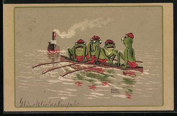 Cartes postales: Frösche rudern vor einem Dampfschiff da – D'occasion à Berlin par bartko-reher