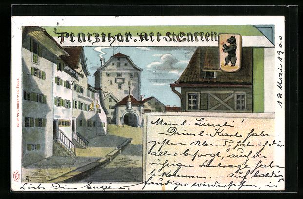 Cartoline postali: Alt-St. Gallen, Platzthor, Wappen, 1900 – Usato da Berlin venduto da bartko-reher