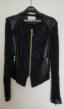 Elegante Kunst Lederjacke mit Spitze, Goldzipper, Gr.36/38