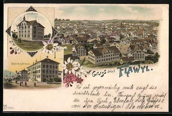 Ansichtskarten: Litho Flawyl, Bahnhofstrasse, Schulhaus  – Gebraucht aus Berlin von bartko-reher
