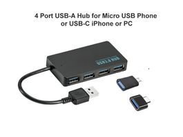 4 Port USB-A Hub for Micro USB Phone or USB-C iPhone or PC