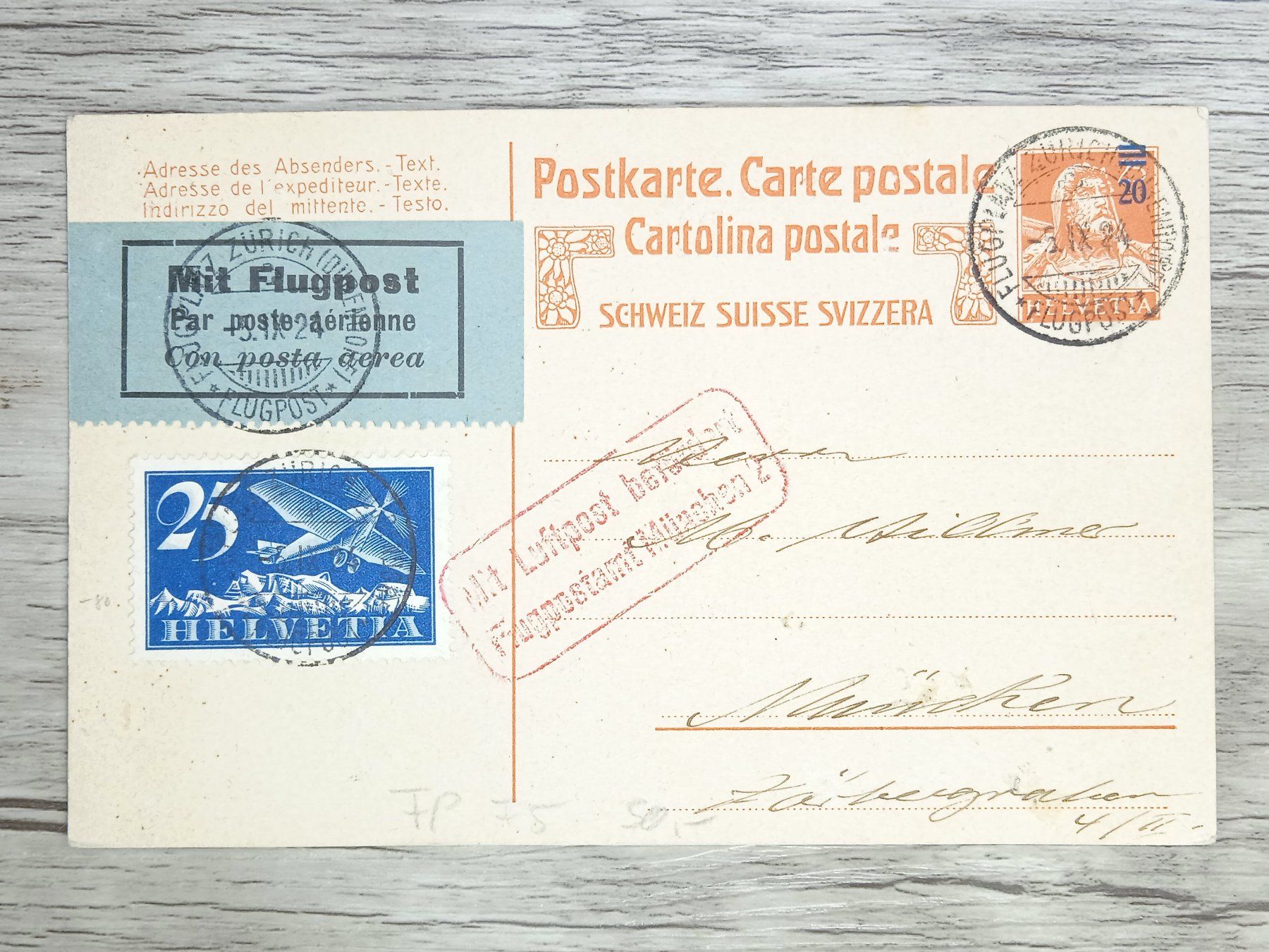Tutti i francobolli: TR80 Carte Postale + Timbre Suisse 1924 – Usato da Cousset venduto da Patrick_Collections