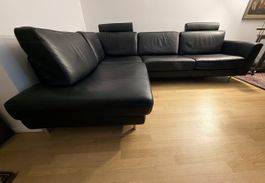 Ecksofa Leder schwarz mit 2 Kopfstützen
