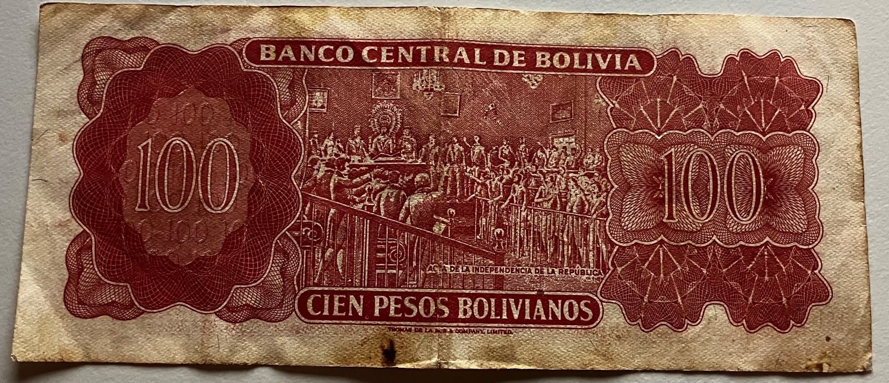 Banknoten: Bolivien 100 Bolivanos 1962 – Gebraucht aus Algetshausen von Carrhard 1