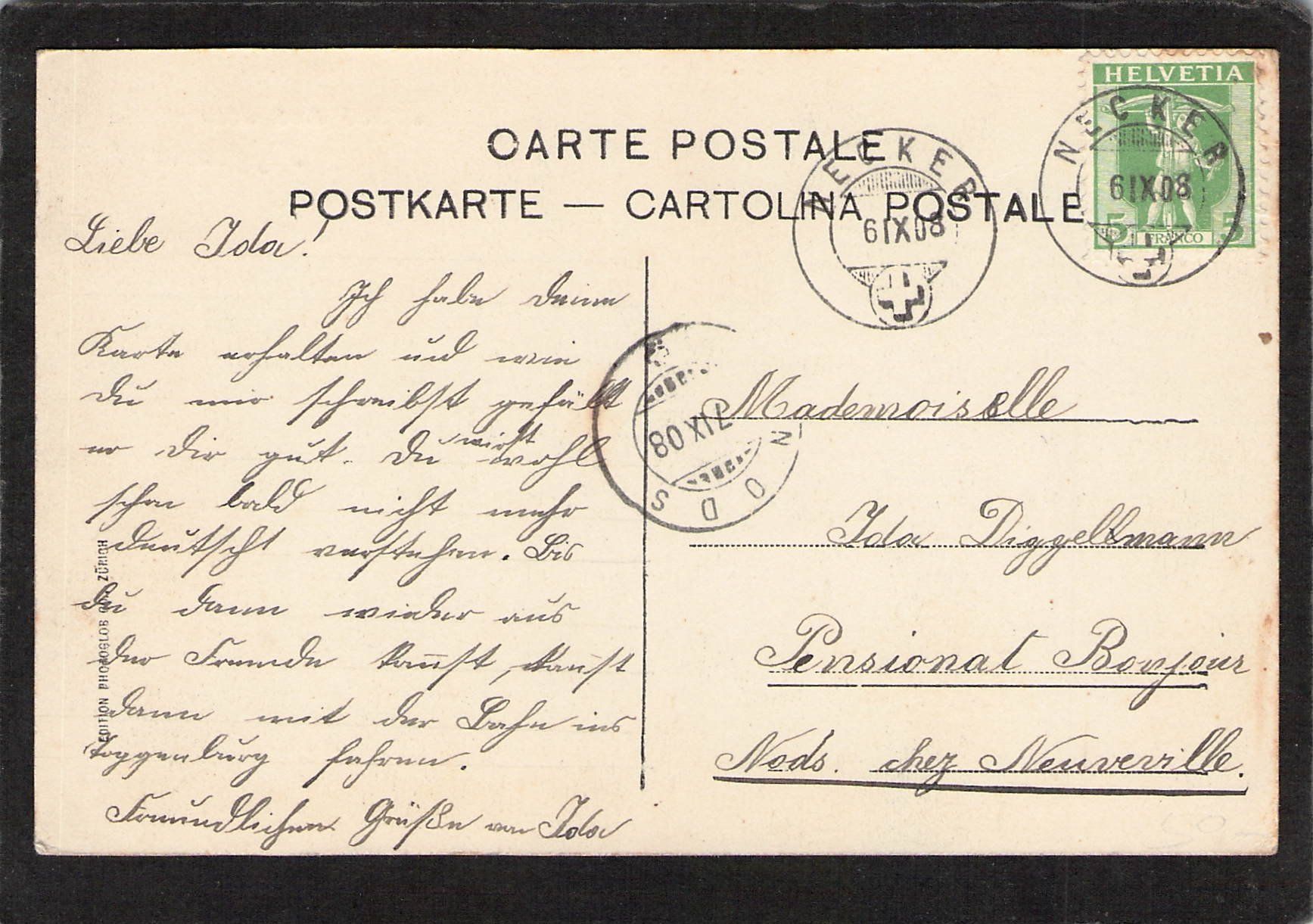 Ansichtskarten: Lichtdruck : Oberhelfenswil SG , gel. 1908 – Gebraucht aus Reichenburg von Pipo-67 1