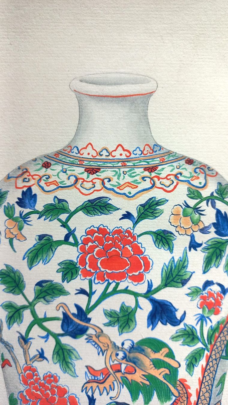 Gemälde: Antike Darstellung der Doucai-Vase, China – Gebraucht aus Bévilard von Orscha 5
