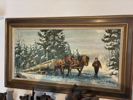 Winterliches Wald Motiv mit Pferden von H. Moser, signiert 5