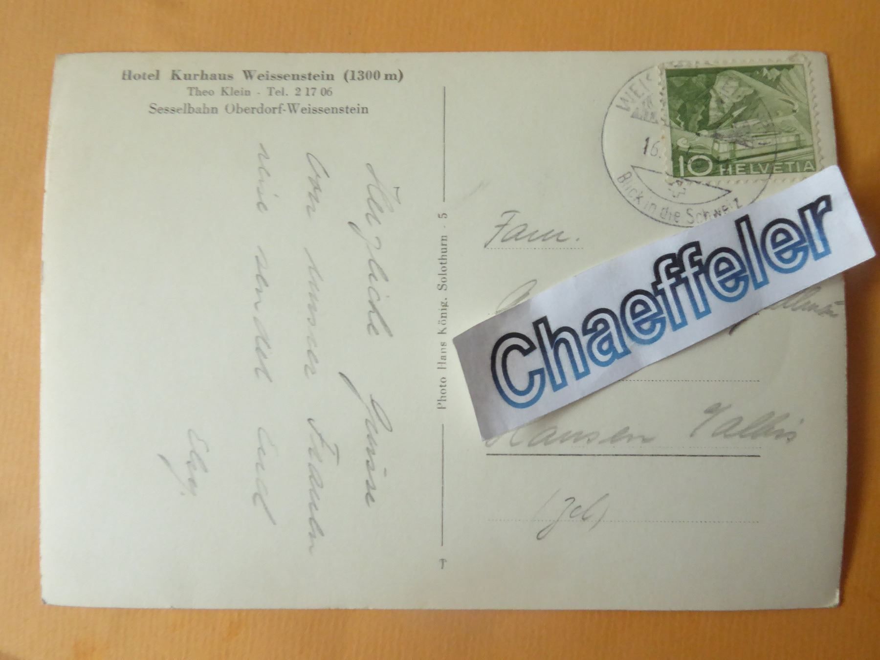 Cartoline postali: 1956 Hotel Kurhaus Weissenstein – Usato da Zürich venduto da Chaeffeler 1