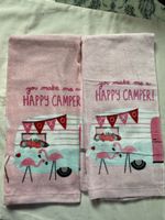 2 Flamingo summer Kitchen Towels "Happy Camper" decoration