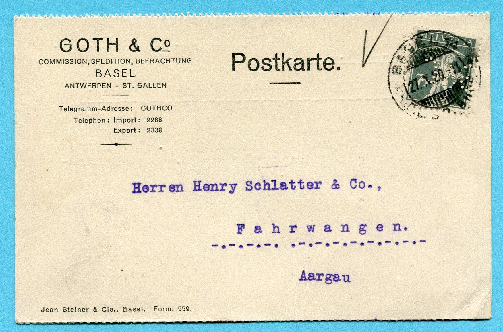 Alle Briefmarken: Postkarte Basel 1920 - Absender: Goth & Co. mit Perfin – Gebraucht aus Opfikon von Prophila