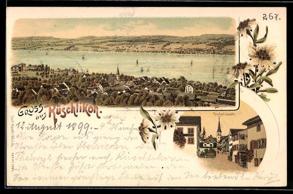 Cartoline postali: Litho Rüschlikon, Dorfstrasse mit Kirch – Usato da Berlin venduto da bartko-reher