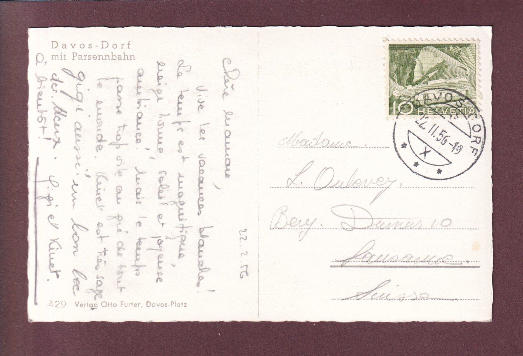 Cartoline postali: DAVOS - Schiahorn - Parsennbahn - 1956 – Usato da Pully venduto da nicecards 1