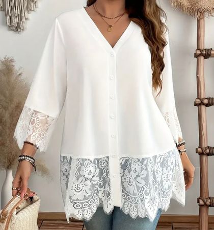 MUST HAVE - edle und stylische Bluse mit Spitze, weiss, L/XL
