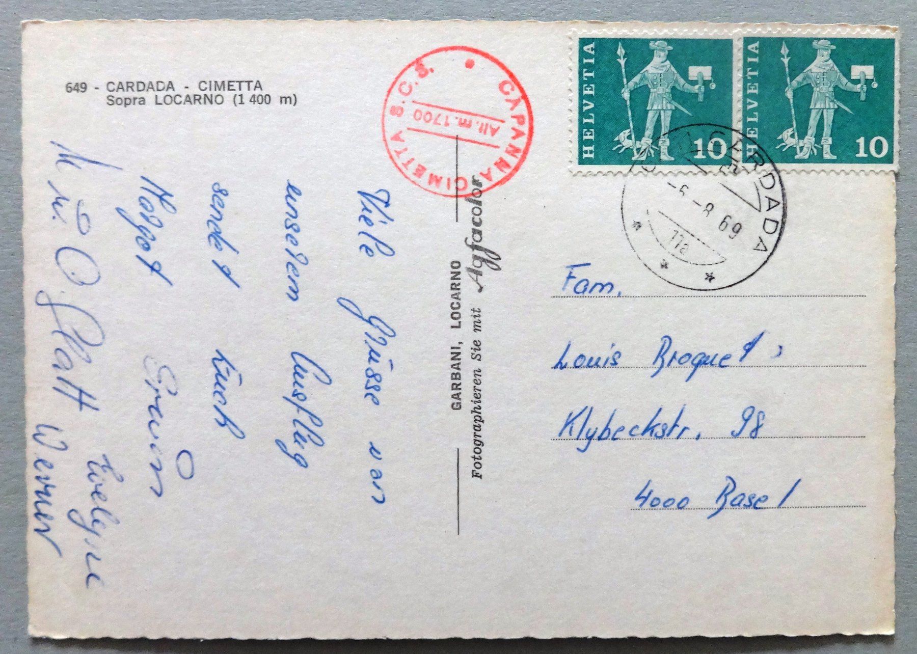 Cartoline postali: Cardada - Cimetta (1400 m) – Usato da Fétigny venduto da Billy2miny 1