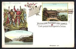 Litho Das Rütli, Blick auf Haus am Ufer