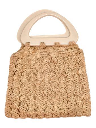 Sac à main vintage en macramé beige avec anses en bakélite