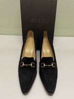 Gucci Black Suede Heeled Loafers - Size 38.5