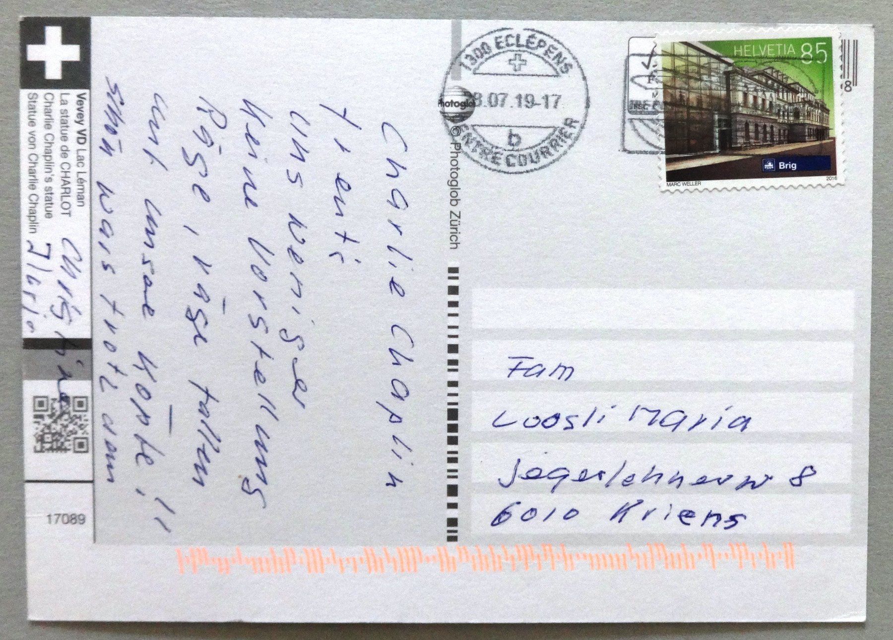 Cartoline postali: Vevey, La statue de Charlot – Usato da Fétigny venduto da Billy2miny 1