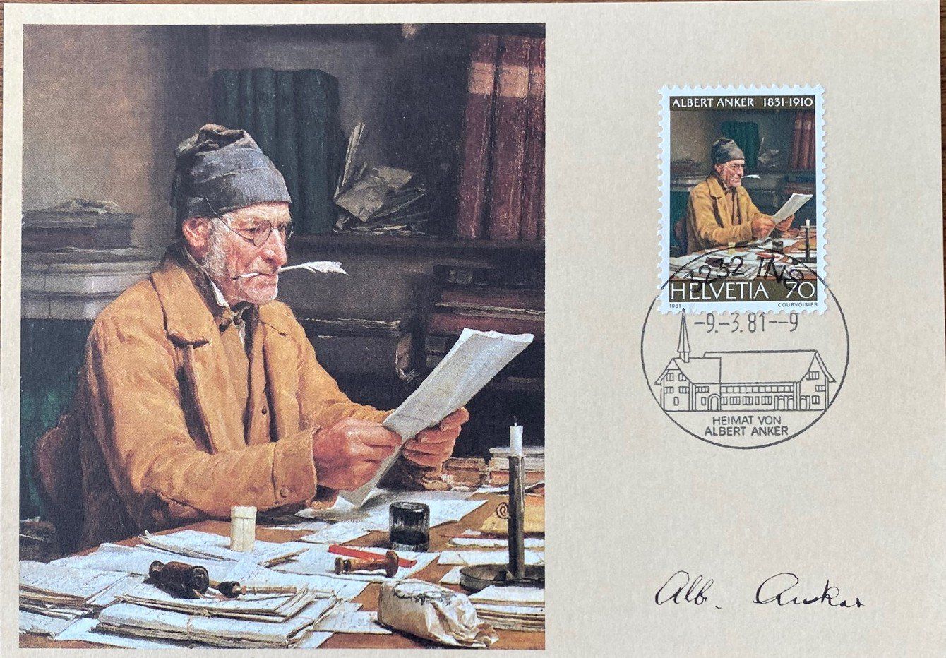 Tutti i francobolli: Maximumkarte Albert Anker  "Der Gemeindeschreiber". – Usato da Aedermannsdorf venduto da Sennahoy11