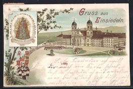 Litho Einsiedeln, Kloster mit Prozession