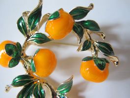 Brosche massiv goldfarben Emaille Orangen Früchte