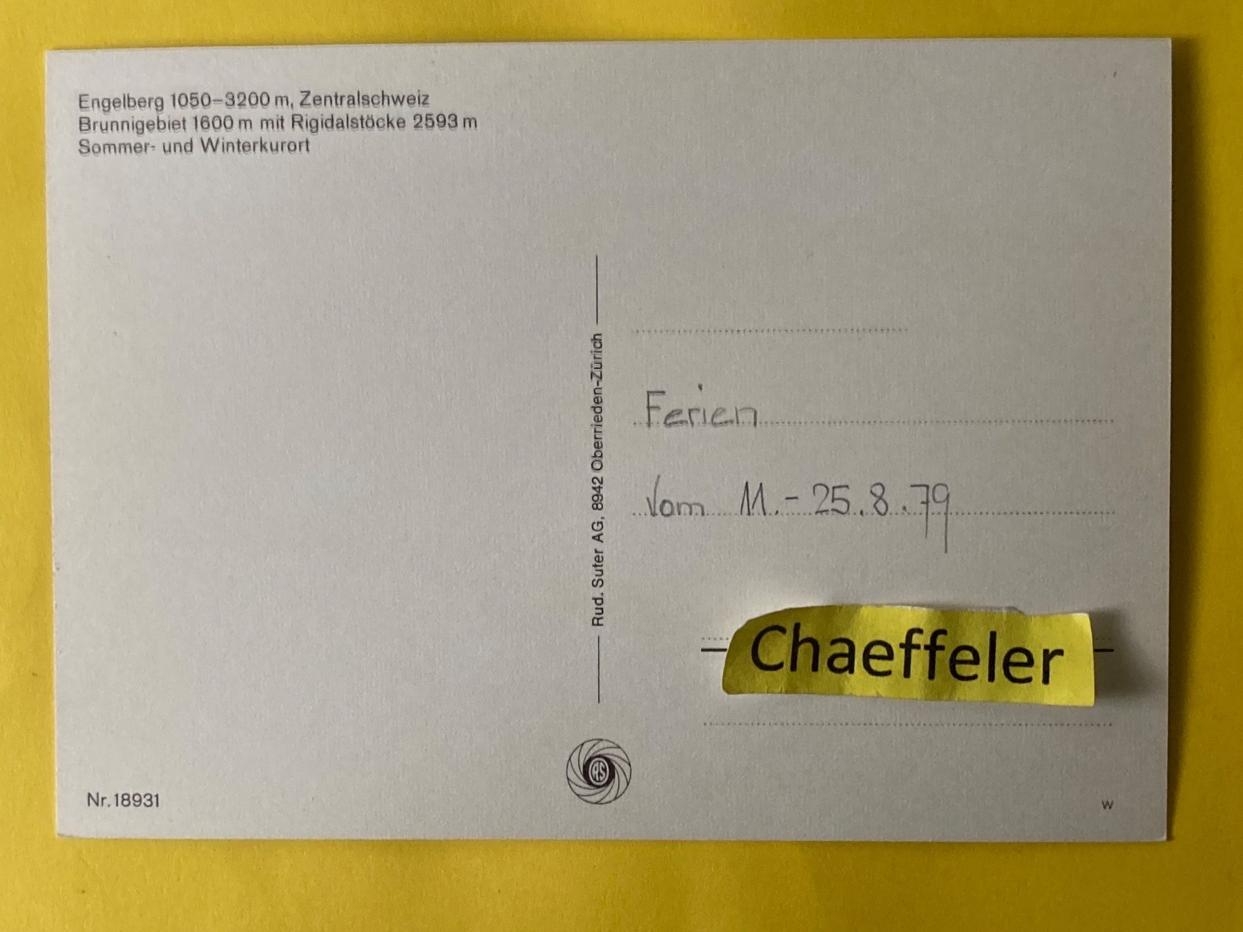 Cartoline postali: 1979 Engelberg, Brunnigebiet mit Rigidalstöcke – Usato da Zürich venduto da Chaeffeler 1