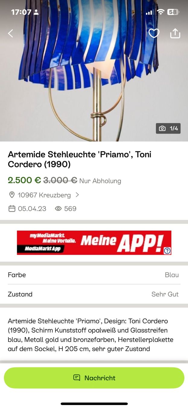 Artemide Lampen: Designerlampe Artemide Priamo Toni Cordero – Gebraucht aus Lausen von artehome 5