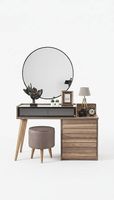 Brauner Holz Schminktisch mit Rundspiegel - Designer Set