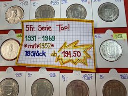 5 Franken Serie1931-1969 mit*1952* 18 Stück top Jahrgänge!
