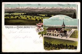 Lithographie Engelberg b. Olten, Pension Engelberg mit Alpen