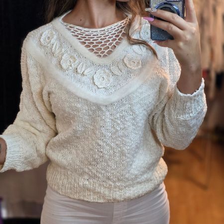 Vintage Pullover Creme Statement Unikat S/M