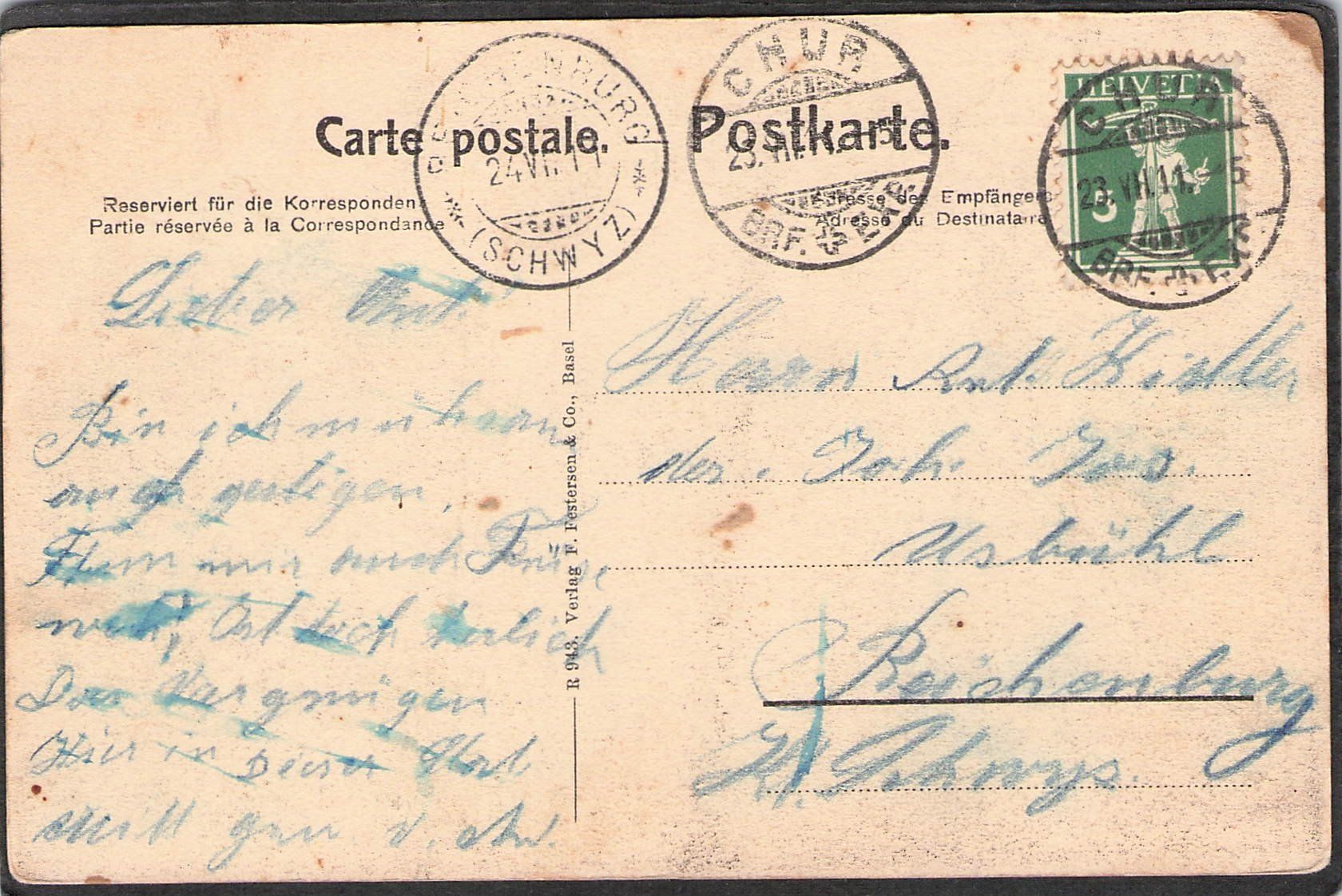 Cartoline postali: #Chur - Gäuggeli , gel. 1911 – Usato da Reichenburg venduto da Pipo-67 1