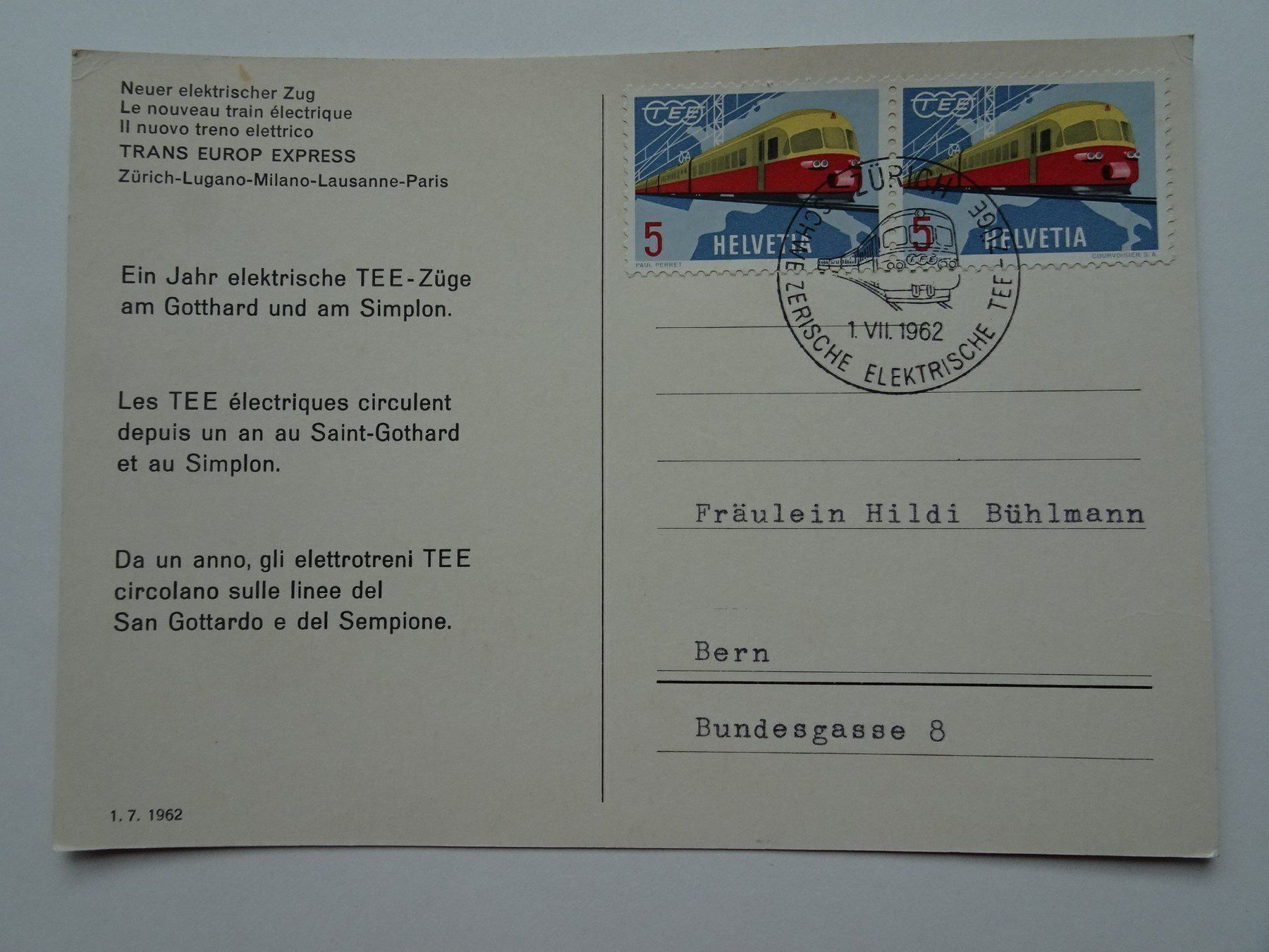 Cartoline postali: Jubiläum TEE-Zug 1962 mit komp. Marke – Usato da Aadorf venduto da Chnorli-Furz 1