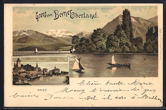 Cartes postales: Litho Spiez, Blick zur Kirche, Uferparti – D'occasion à Berlin par bartko-reher