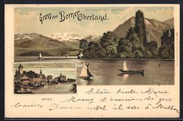 Litho Spiez, Blick zur Kirche, Uferparti