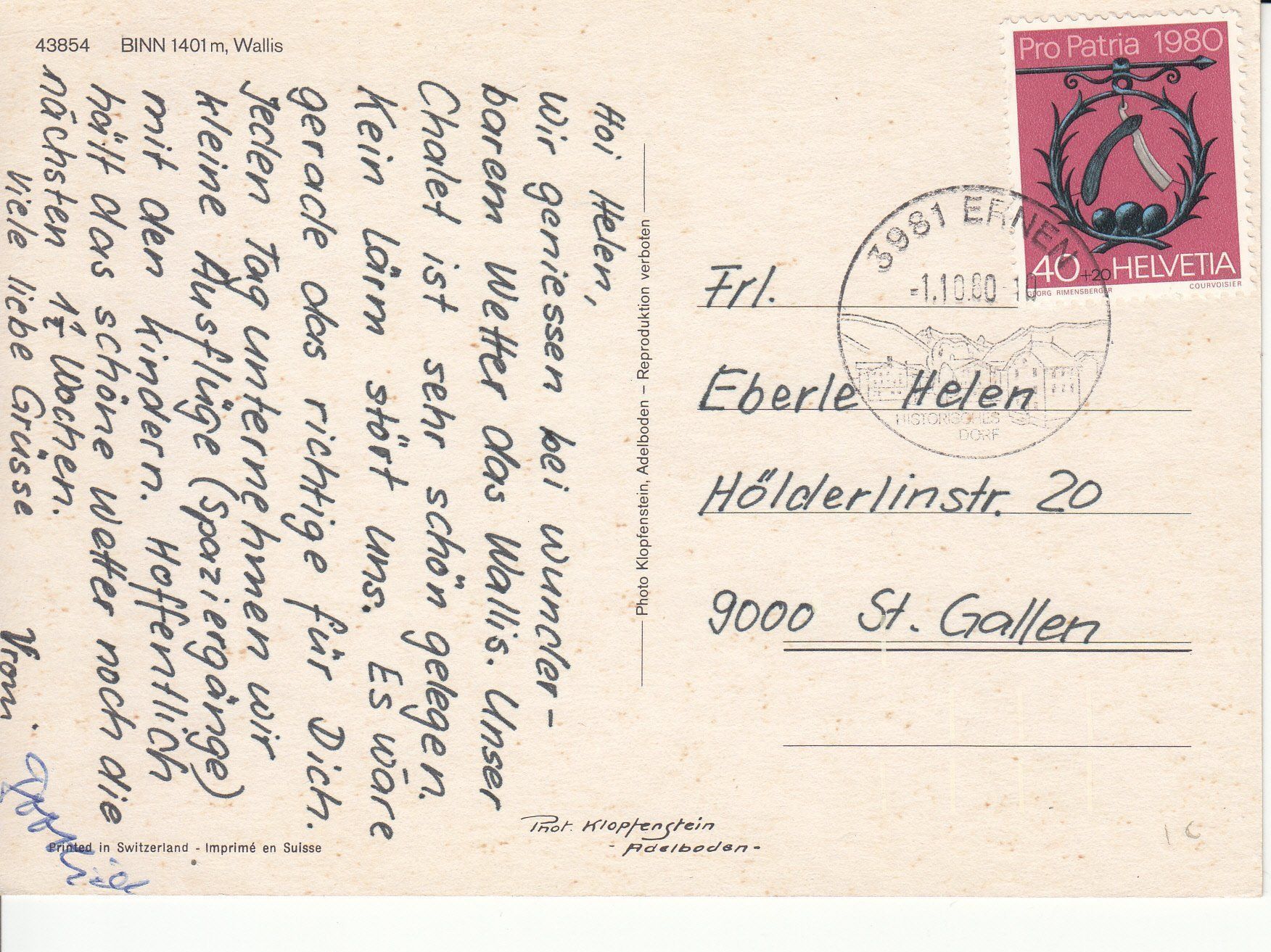 Cartoline postali: Binn 1980 – Usato da Bürglen TG venduto da StampGraf 1