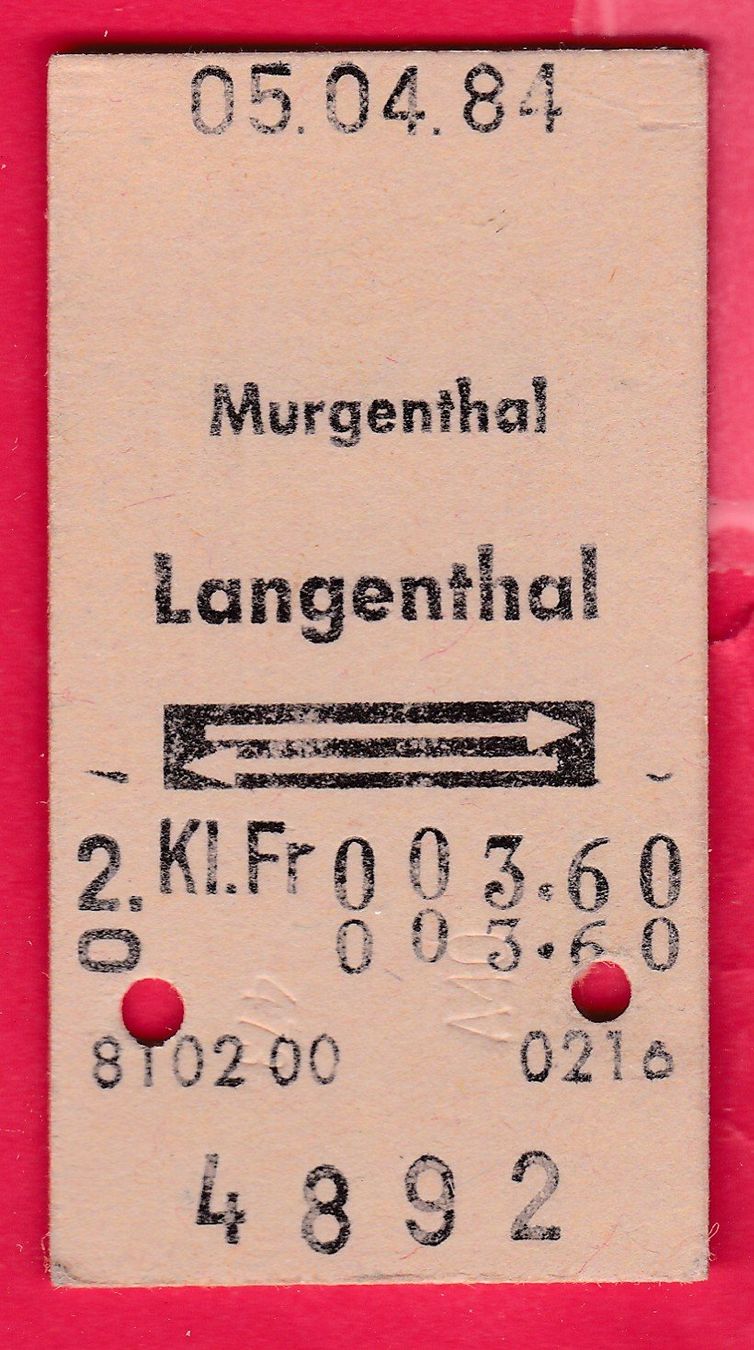 Tickets: KARTON BILLETT, MURGENTHAL - LANGENTHAL, 2.KLASSE, RETOUR – Gebraucht aus Oberrieden von Gebirgsstelze