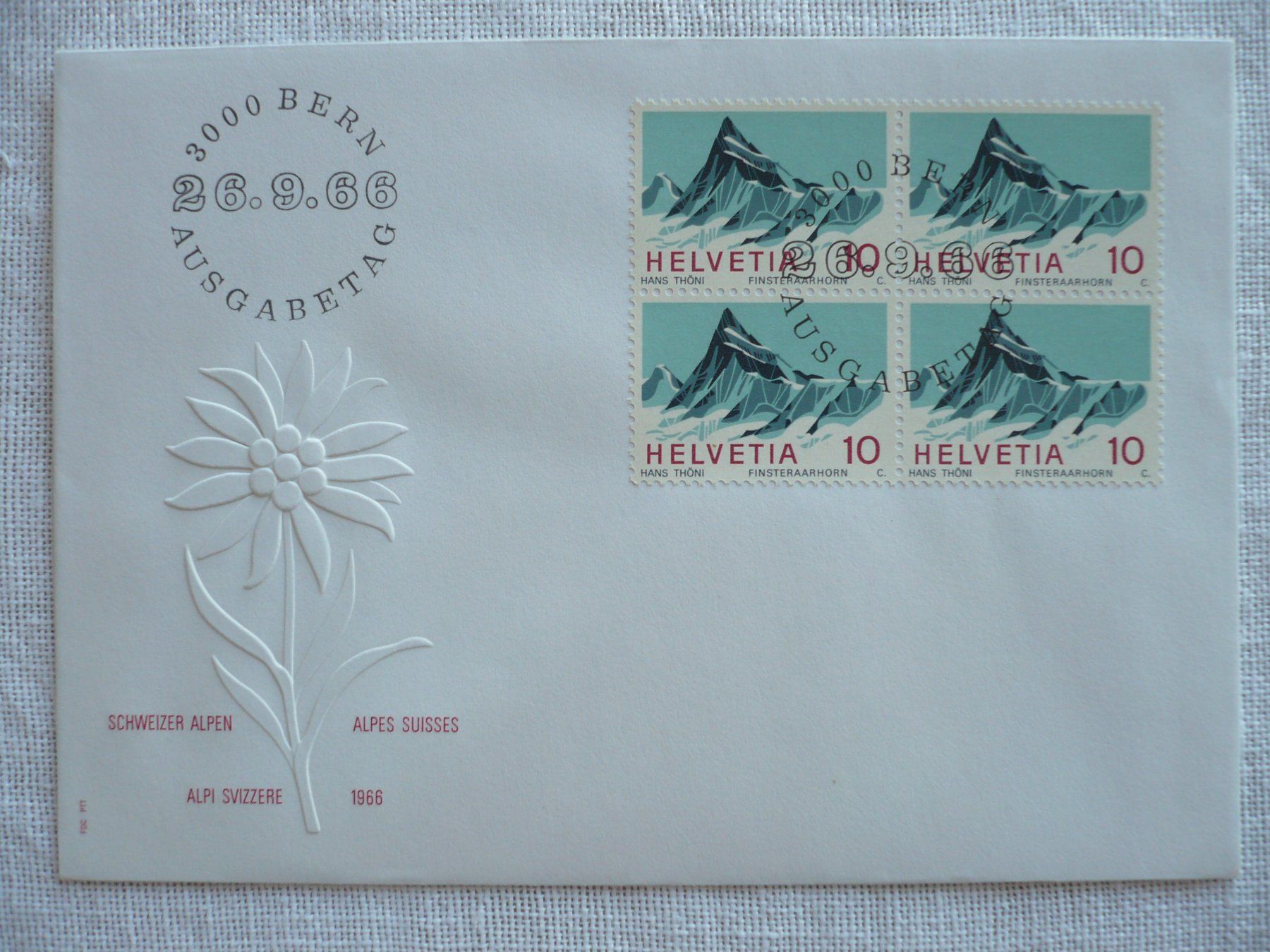 Tutti i francobolli: 1966 FDC Schweizer Alpen 4er-Block SBK 445 – Usato da Zürich venduto da saltandpepper008