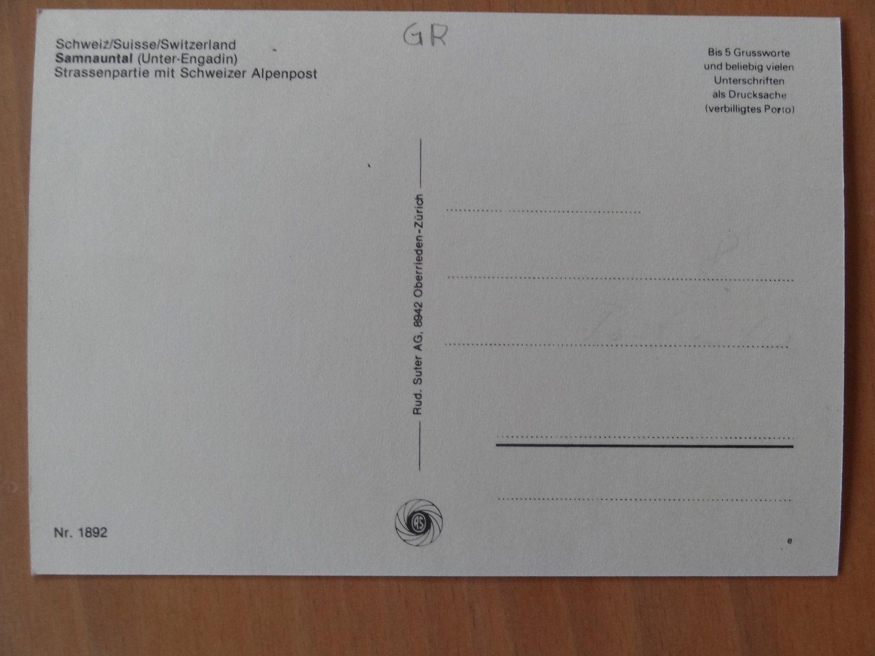 Ansichtskarten: Samnauntal - car postal Alpes 1892 GR – Gebraucht aus St Léonard von Riglin 1