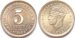 MALAYA 5 Cents 1943 GEORGE VI. Silber PRACHTSTÜCK! stgl