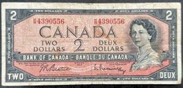 Kanadische Zwei-Dollar-Note von 1954, gut erhalten!