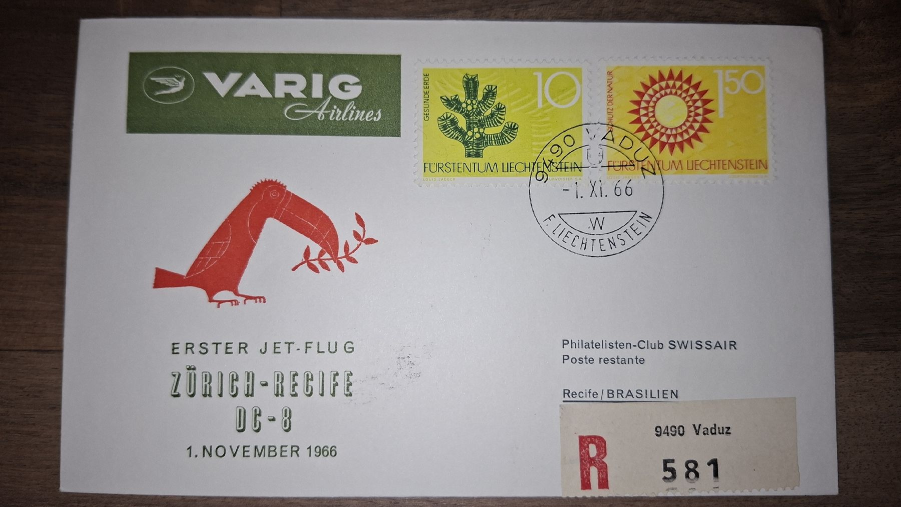Tutti i francobolli: Varig Zürich - Recife 01.11.1966 – Usato da Balgach venduto da SIMEON27