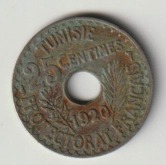 Tutti le monete: 25 cent. Tunisie / Tunesien, Protectorat Français, 1920 – Usato da Bedigliora venduto da positano
