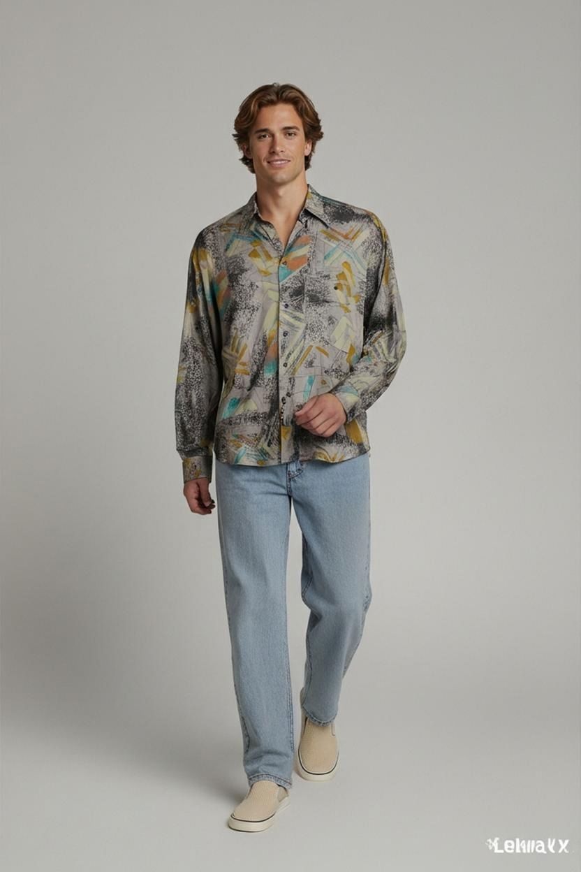 Camicie: Vintage Abstraktes Muster Viskose Button-Down-Hemd - Größe – Usato da Zug venduto da vinokilo