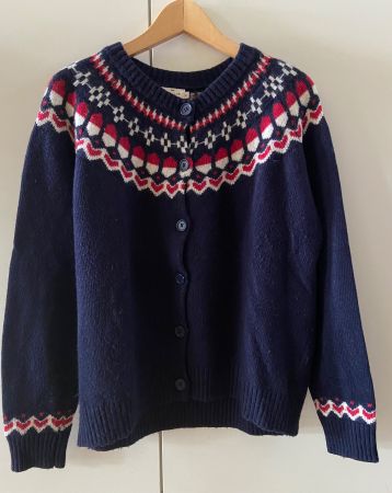 CYRILLUS Cardigan jacquard nordique bleu/rouge 50% laine XL